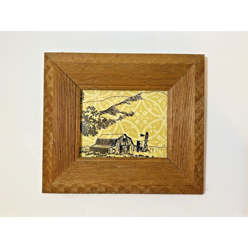 Vintage Reverse Hand Drawn Barn Scenery Textured Background Rustic Wood Frame